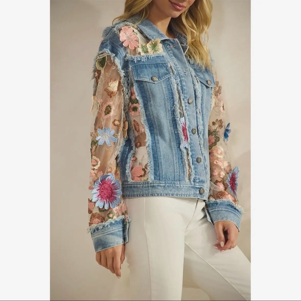 Lace crochet Tapestry Jean floral flower denim bohemian appliqué coat jacket